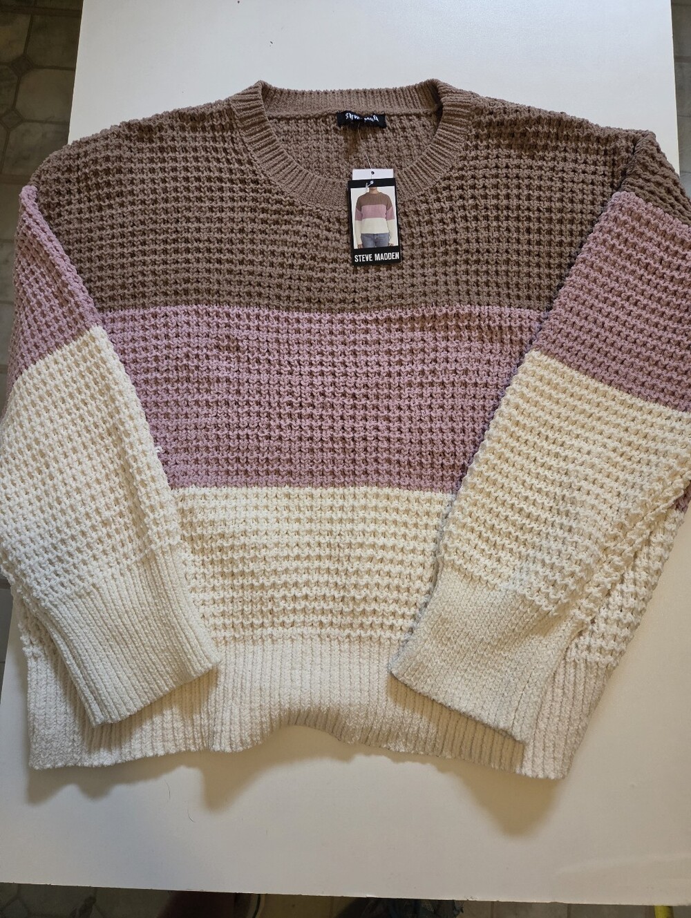 Steve Madden Waffle Knit Sweater XXL Mauve Combo Chenille Colorblock Crew Neck